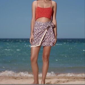 Zara seashell trim floral wrapped mini skirt with tie bow